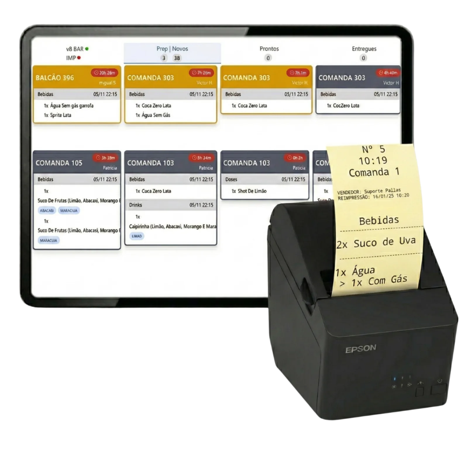 Tela de KDS no tablet da cozinha mostrando pedidos